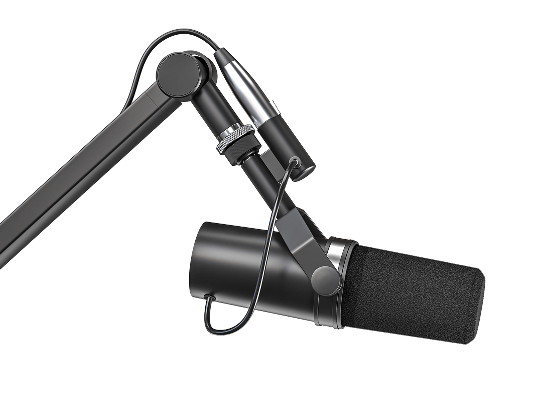 Black microphone on adjustable boom arm.