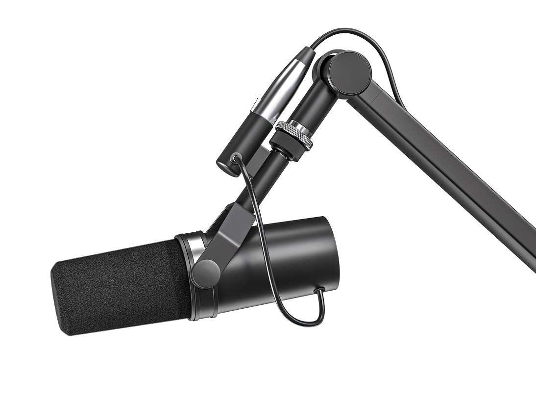 Microphone with boom arm on black background.